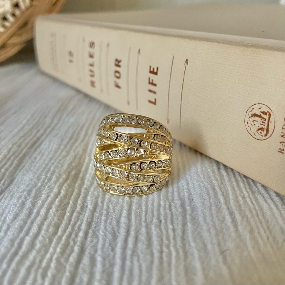 Gold Multiple Shanks Statement Cocktail Rhinestone Ring “Ryka” Fashion Femme